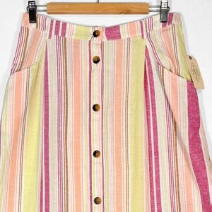 Button Front Striped Cottage Midi Skirt NEW Pockets Womens L St Johns‎ Bay